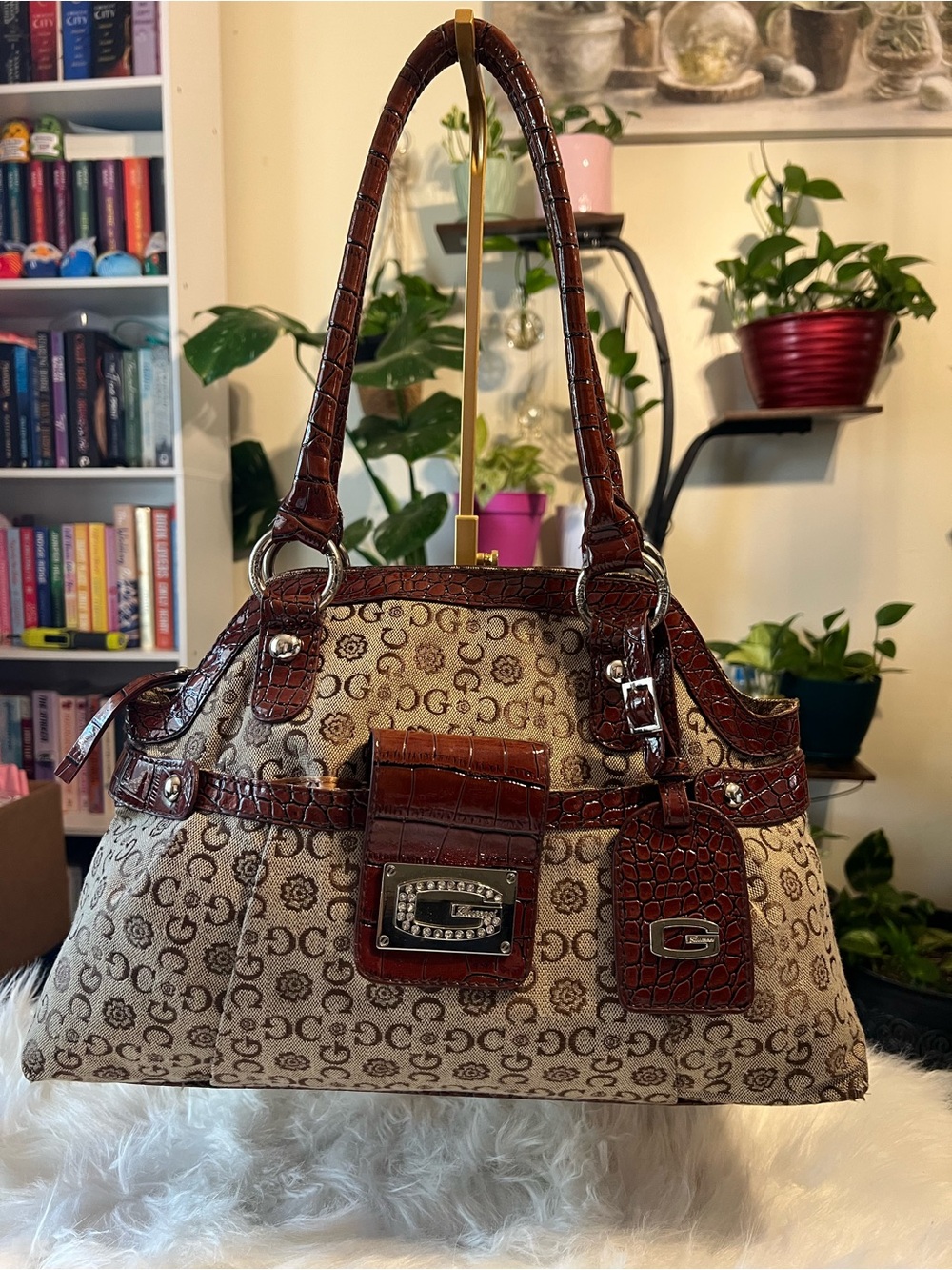 Brown Patterned Satchel Handbag with Croc-Trim